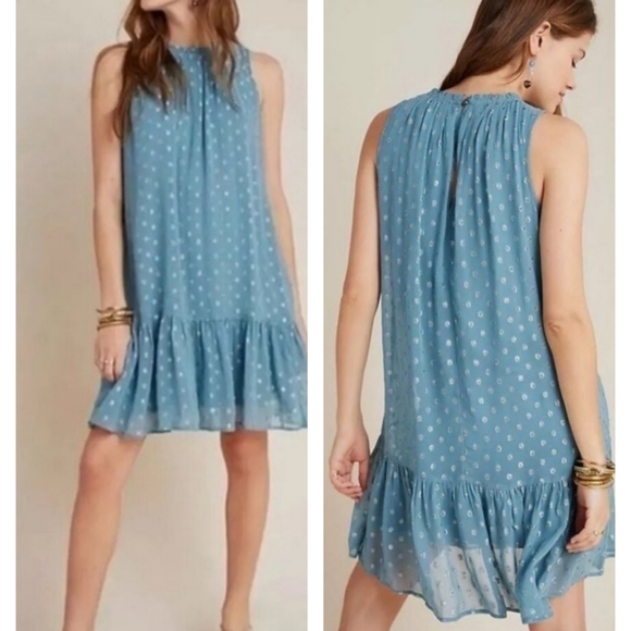 Anthropologie Dresses & Skirts - Anthropologie Blue Silver Natalie Metallic Flounce Mini Dress